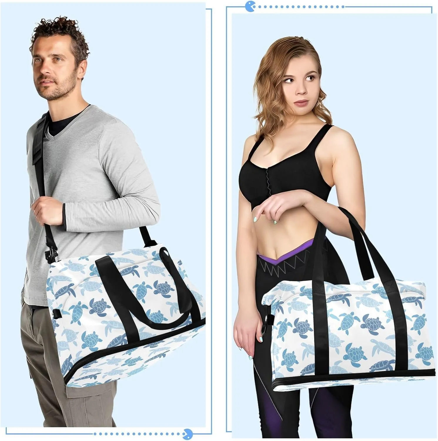 Cute Turtle Blue Big Bag for Travel Waterproof Gym Bag Women, Weekender Bag for Women with Toiletry Bag