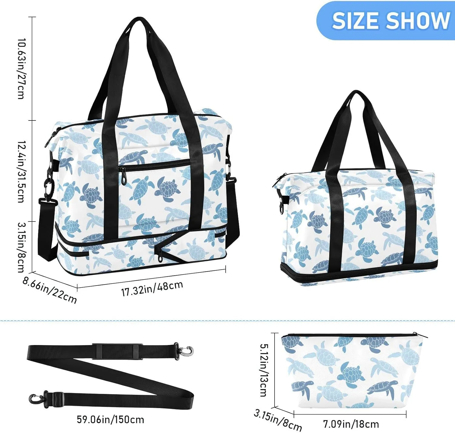 Cute Turtle Blue Big Bag for Travel Waterproof Gym Bag Women, Weekender Bag for Women with Toiletry Bag
