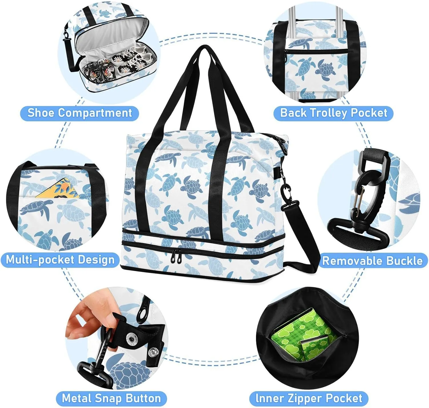 Cute Turtle Blue Big Bag for Travel Waterproof Gym Bag Women, Weekender Bag for Women with Toiletry Bag