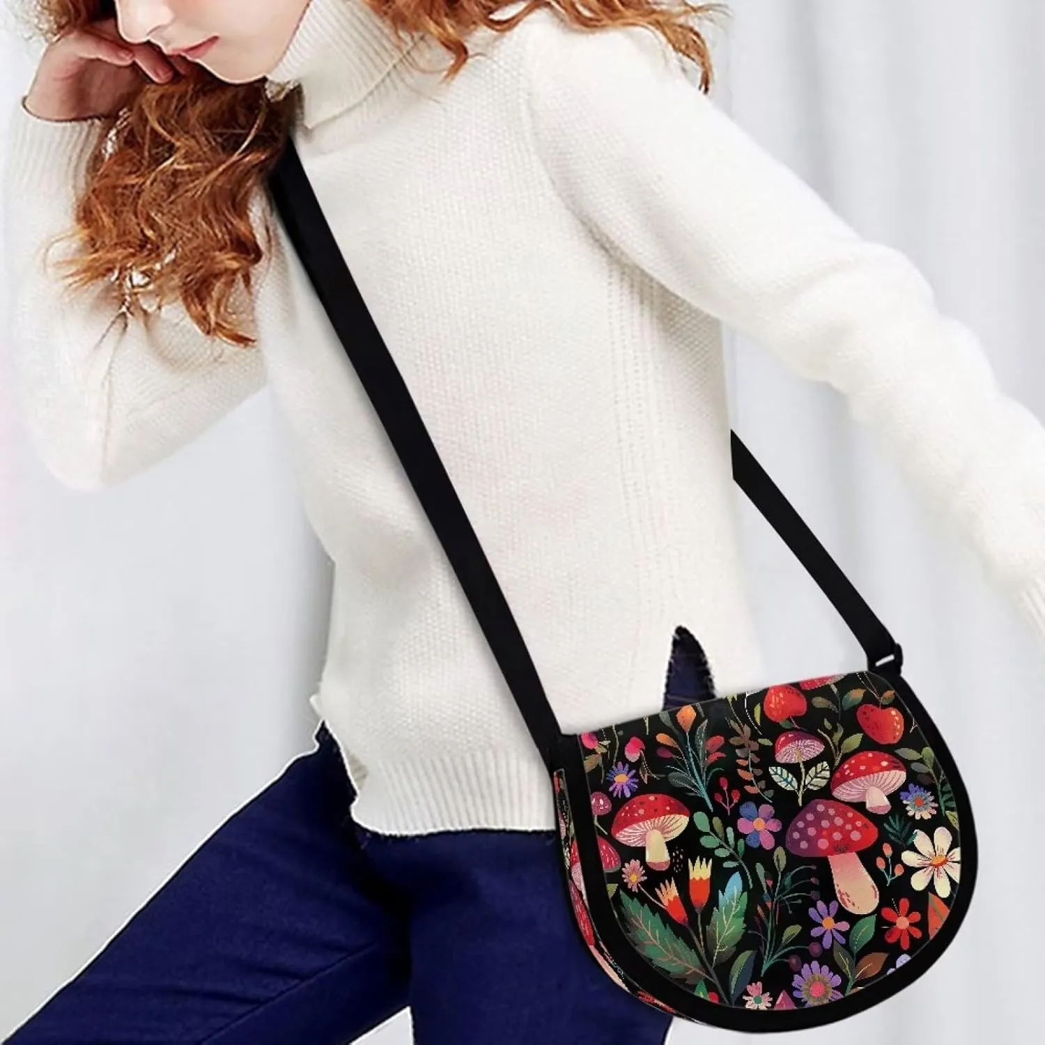 Dahlia Flower Women Cross Body Bag, Winter Forest Casual Shoulder Bag, Gothic Rose Satchel Messenger Bags with Strap