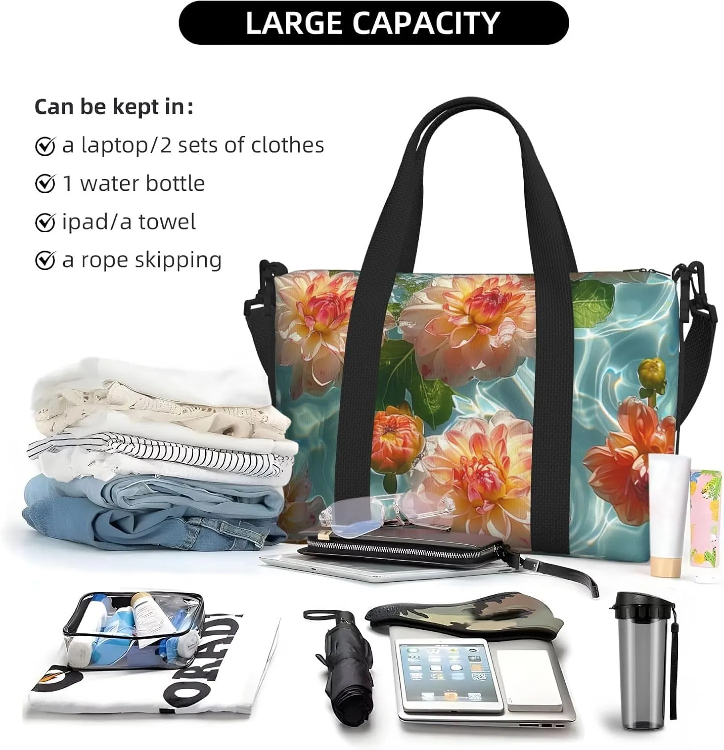 dahlias water print Travel Duffel Bag, Sports Tote Gym Bag, Swim Pool Bag Large Shoulder Tote Bag for Beach Weekender