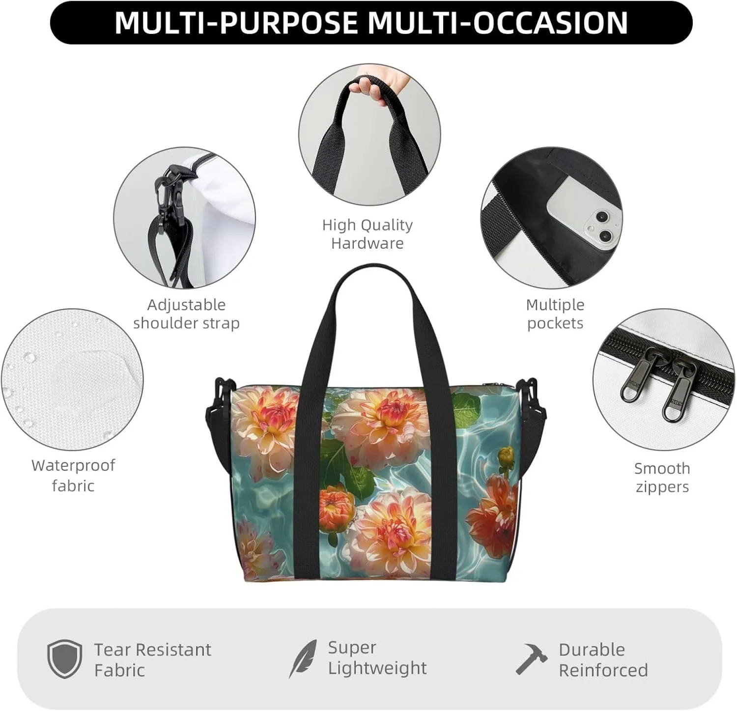 dahlias water print Travel Duffel Bag, Sports Tote Gym Bag, Swim Pool Bag Large Shoulder Tote Bag for Beach Weekender
