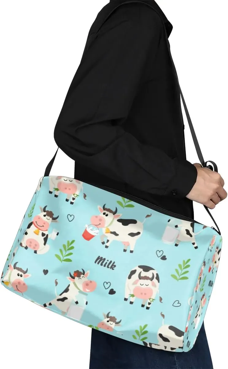 Dairy Cow Theme Small Gym Bag for Men Women Workout Sport Duffle Bag Waterproof Weekender Overnight Bag Lightweight Carry on Tote Bag Crossbody Shoulder Travel Bag for Swim Yoge Dance