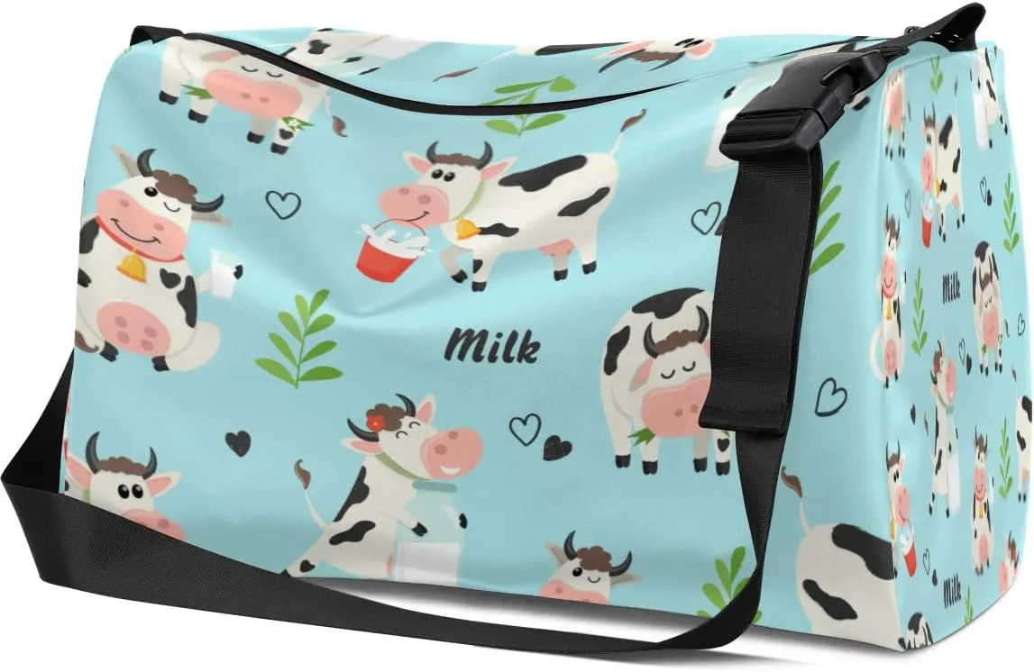 Dairy Cow Theme Small Gym Bag for Men Women Workout Sport Duffle Bag Waterproof Weekender Overnight Bag Lightweight Carry on Tote Bag Crossbody Shoulder Travel Bag for Swim Yoge Dance