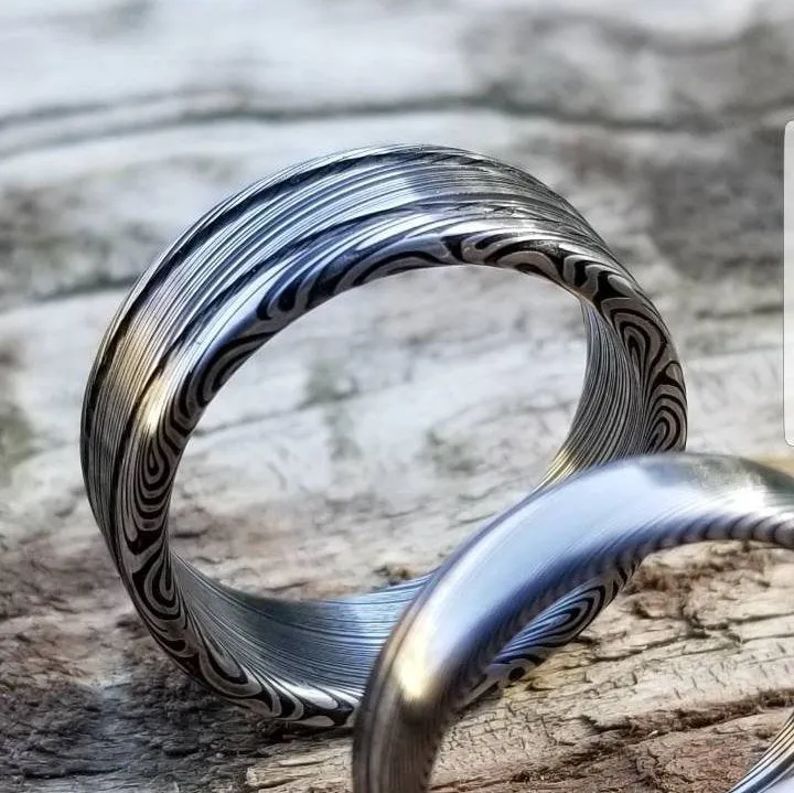Damascus steel ring - damasteel Damascus "LEAF" Customizable ring! Dark/ color etch / double grooved damasteel weddingband mens rings