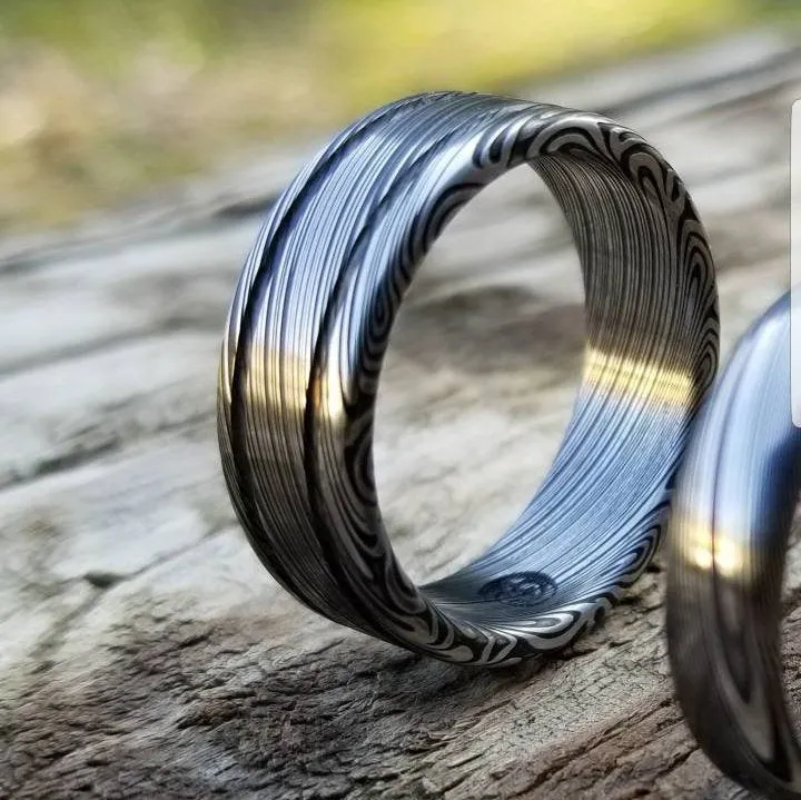 Damascus steel ring - damasteel Damascus "LEAF" Customizable ring! Dark/ color etch / double grooved damasteel weddingband mens rings