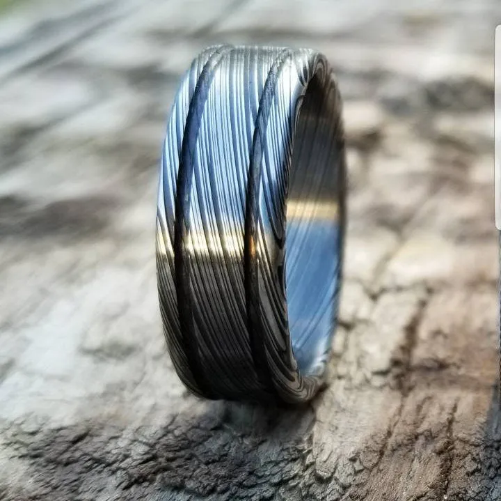 Damascus steel ring - damasteel Damascus "LEAF" Customizable ring! Dark/ color etch / double grooved damasteel weddingband mens rings