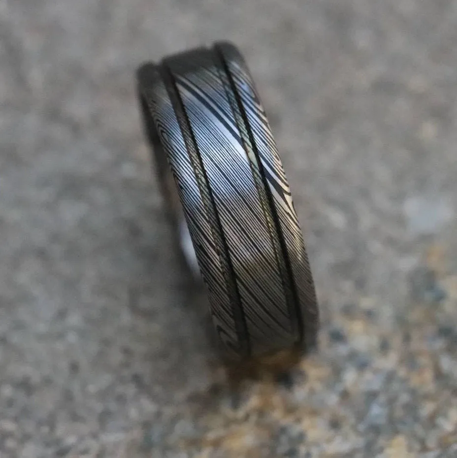 Damascus steel ring - damasteel Damascus "LEAF" Customizable ring! Dark/ color etch / double grooved damasteel weddingband mens rings