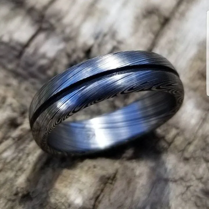 Damascus steel ring Stainless Damascus "LEAF" Customizable ring! Dark etch / single grooved damasteel weddingband mens rings