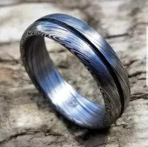 Damascus steel ring Stainless Damascus "LEAF" Customizable ring! Dark etch / single grooved damasteel weddingband mens rings