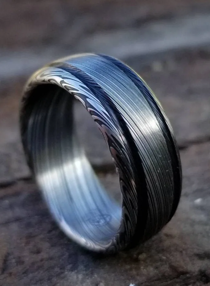 Damascus steel ring Stainless steel Damascus "LEAF" Customizable ring! Dark etch / double grooved damasteel mens weddingbands mens rings
