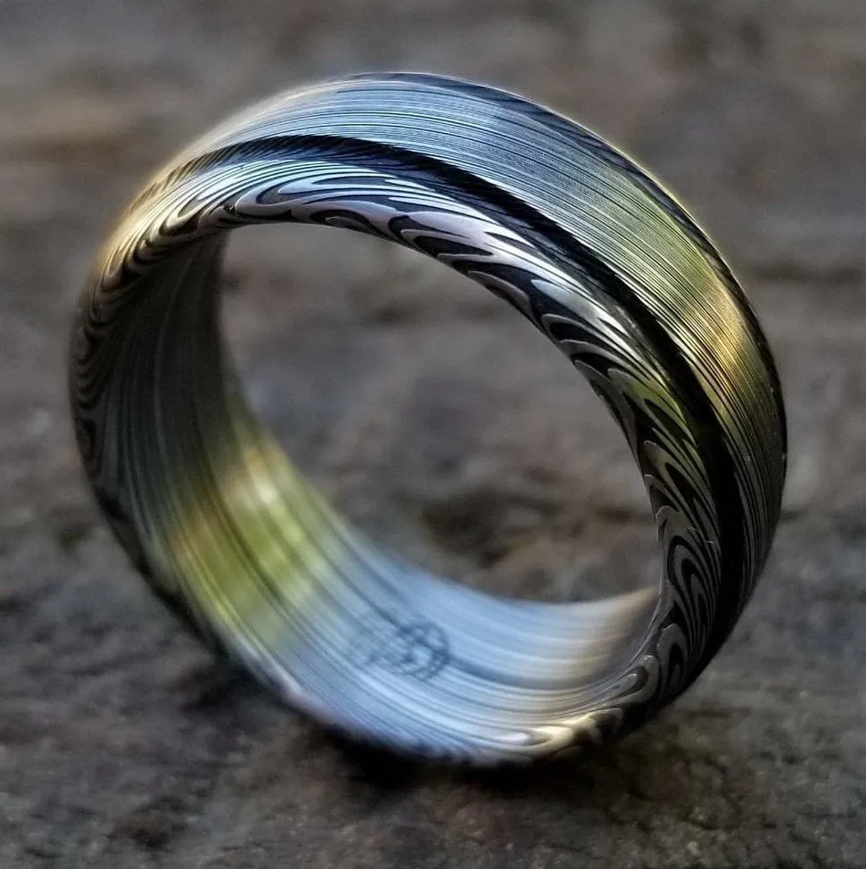 Damascus steel ring Stainless steel Damascus "LEAF" Customizable ring! Dark etch / double grooved damasteel mens weddingbands mens rings