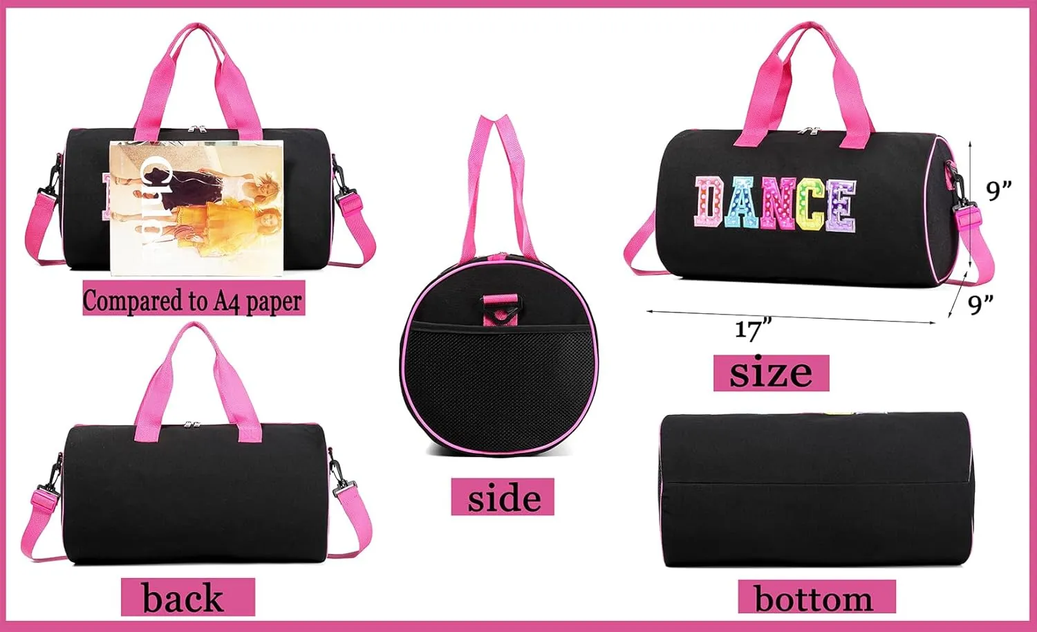 Dance Duffle Bag for Girls, Kids Toy Storage Bag,Weekend Bag,Overnight Bag,Gymnastics Bag Gift for Girls17"Lx9"Wx9"H (Colorful)