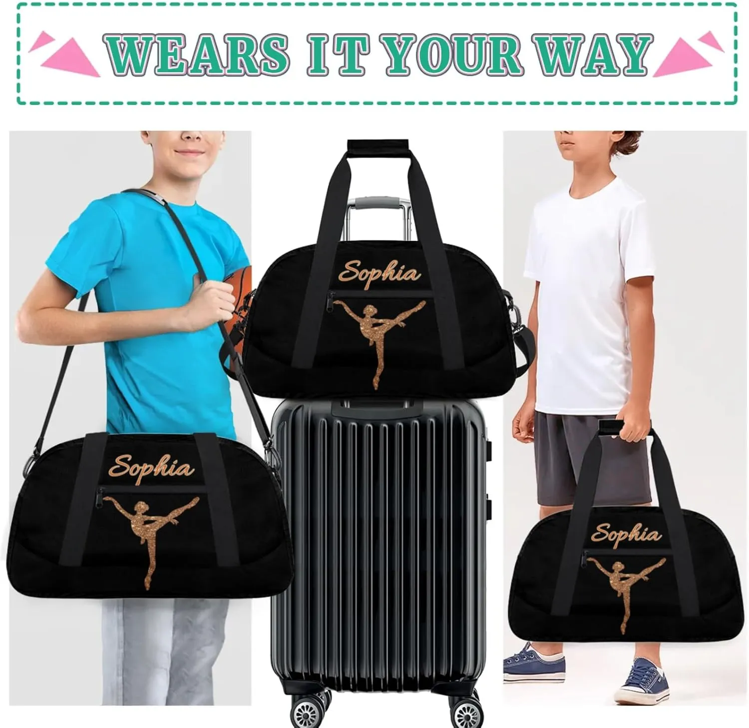 Dance Duffle-Bag for Teens Girls,Custom Ballet-Bag for Dancer,Carry-on Lightweight for Travel-Duffle,Overnight,Workout Gymnastics Sequins Golden