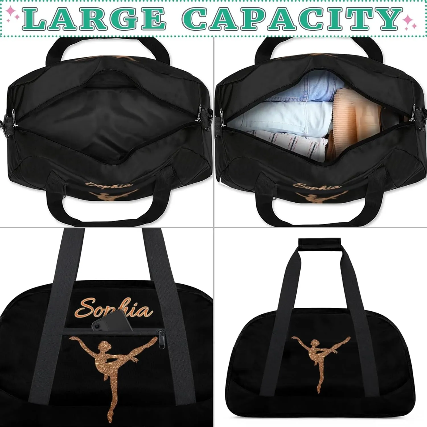Dance Duffle-Bag for Teens Girls,Custom Ballet-Bag for Dancer,Carry-on Lightweight for Travel-Duffle,Overnight,Workout Gymnastics Sequins Golden