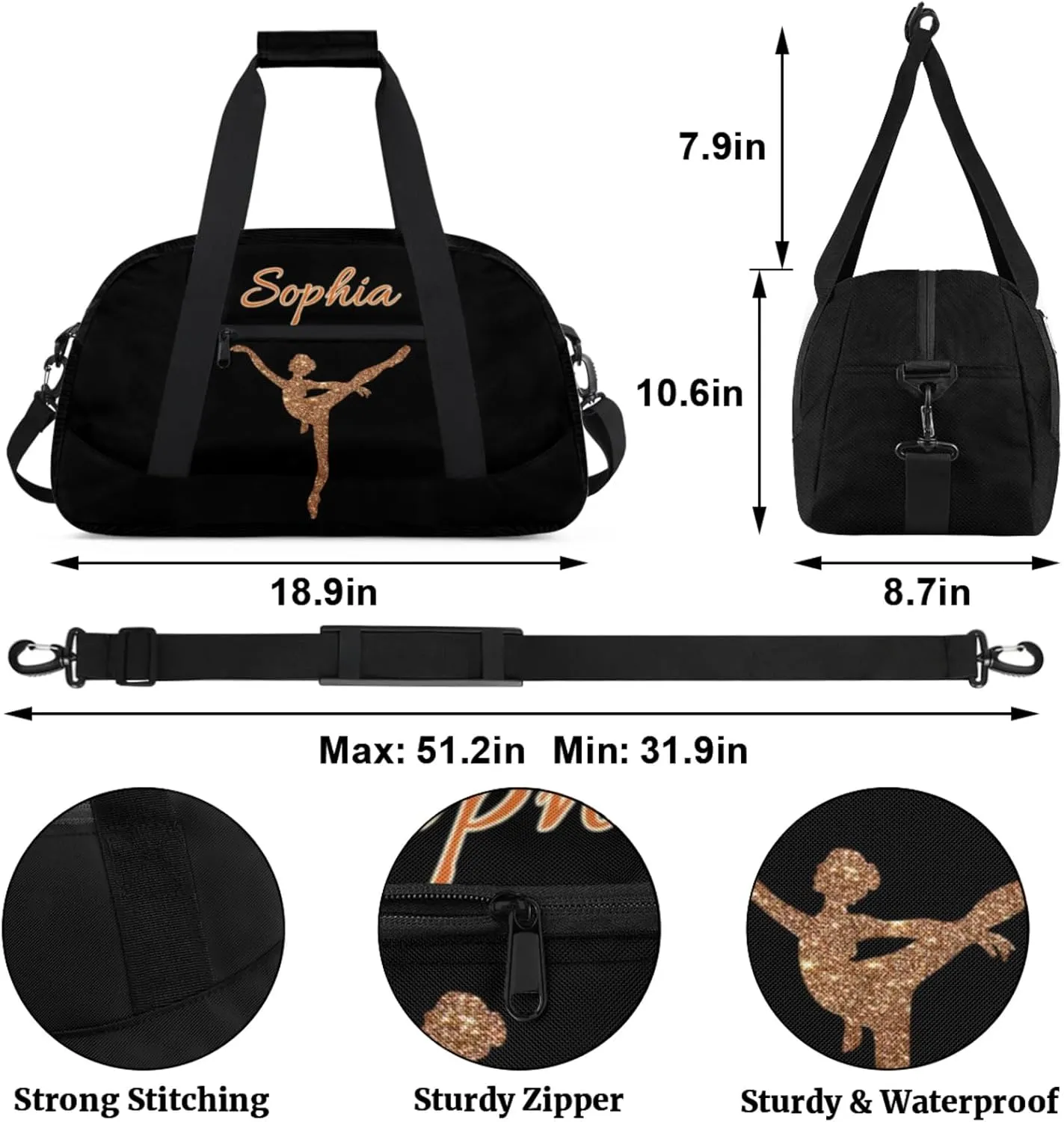 Dance Duffle-Bag for Teens Girls,Custom Ballet-Bag for Dancer,Carry-on Lightweight for Travel-Duffle,Overnight,Workout Gymnastics Sequins Golden