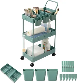 Danpinera 3 Tier Bathroom Cart Organizer - Slim Laundry Cart with Wheels, Dividers, Hanging Cups, Hooks, Easy Assembly, Green