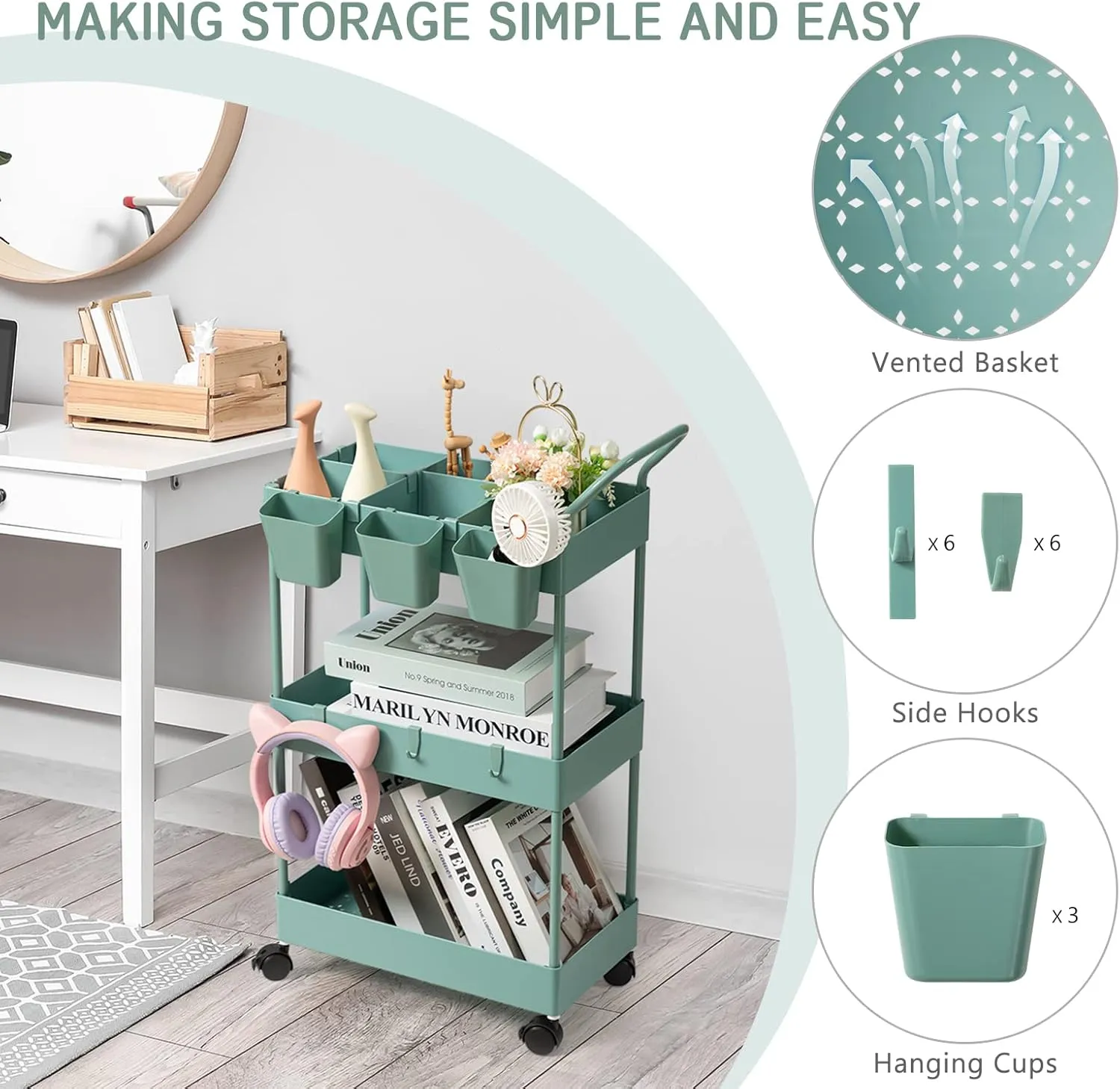 Danpinera 3 Tier Bathroom Cart Organizer - Slim Laundry Cart with Wheels, Dividers, Hanging Cups, Hooks, Easy Assembly, Green