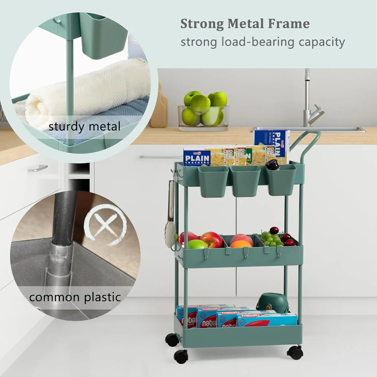 Danpinera 3 Tier Bathroom Cart Organizer - Slim Laundry Cart with Wheels, Dividers, Hanging Cups, Hooks, Easy Assembly, Green