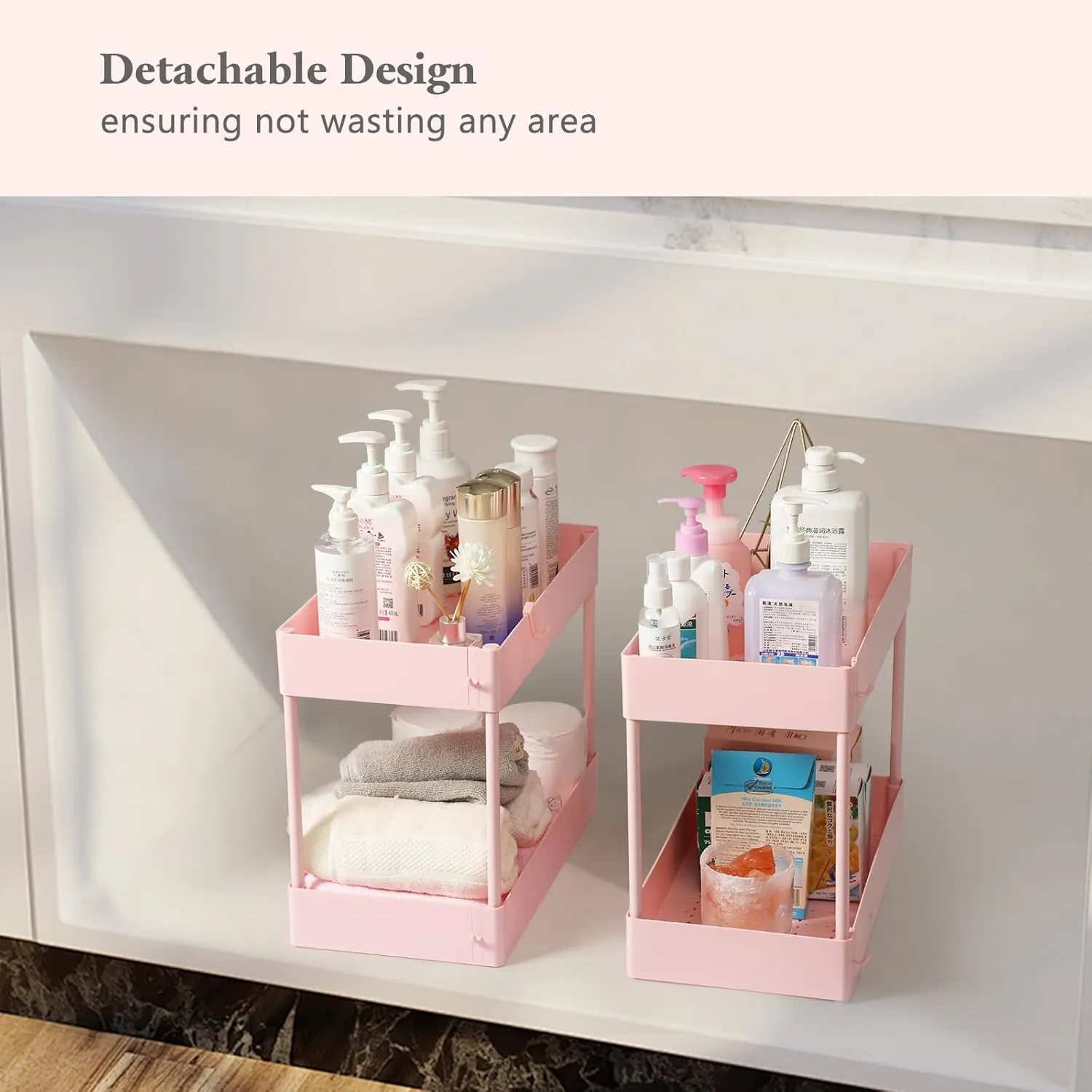danpinera Slim Storage Cart, 3 Tier Narrow Rolling Cart on Wheels Bathroom Organizer with Dividers Handle Hanging Cups Hooks for Laundry Room Kitchen Small Spaces, Pink