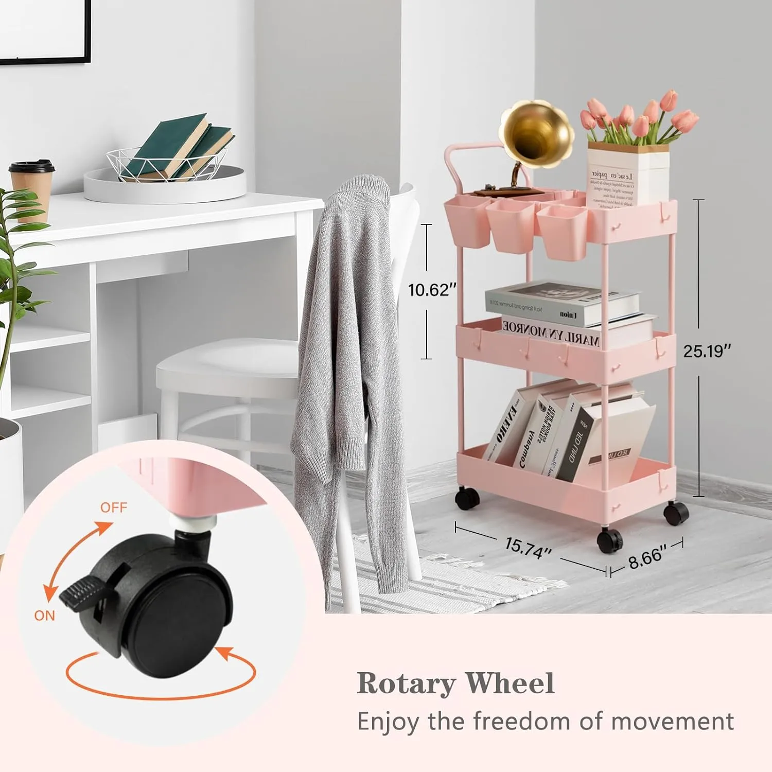 danpinera Slim Storage Cart, 3 Tier Narrow Rolling Cart on Wheels Bathroom Organizer with Dividers Handle Hanging Cups Hooks for Laundry Room Kitchen Small Spaces, Pink