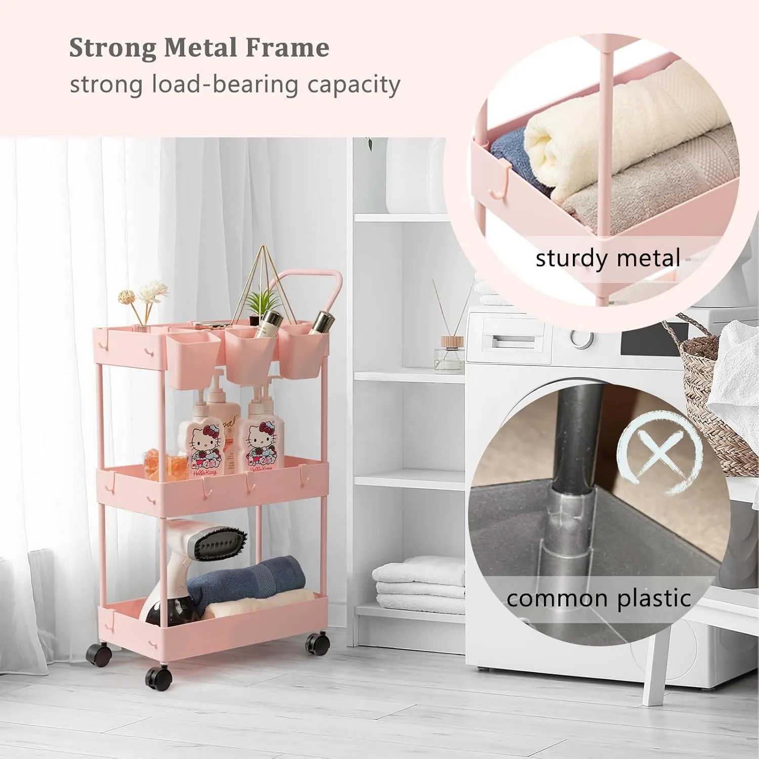 danpinera Slim Storage Cart, 3 Tier Narrow Rolling Cart on Wheels Bathroom Organizer with Dividers Handle Hanging Cups Hooks for Laundry Room Kitchen Small Spaces, Pink