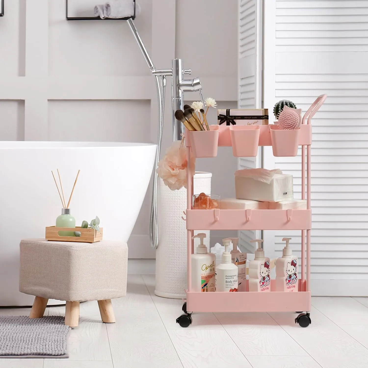 danpinera Slim Storage Cart, 3 Tier Narrow Rolling Cart on Wheels Bathroom Organizer with Dividers Handle Hanging Cups Hooks for Laundry Room Kitchen Small Spaces, Pink