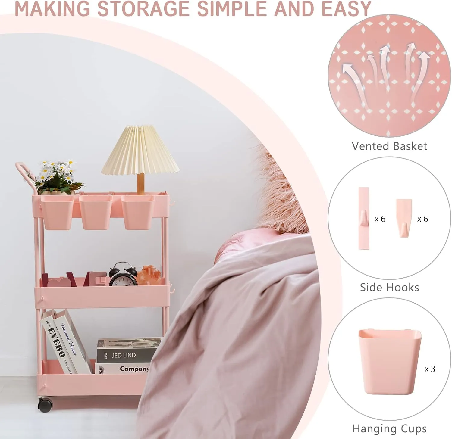 danpinera Slim Storage Cart, 3 Tier Narrow Rolling Cart on Wheels Bathroom Organizer with Dividers Handle Hanging Cups Hooks for Laundry Room Kitchen Small Spaces, Pink