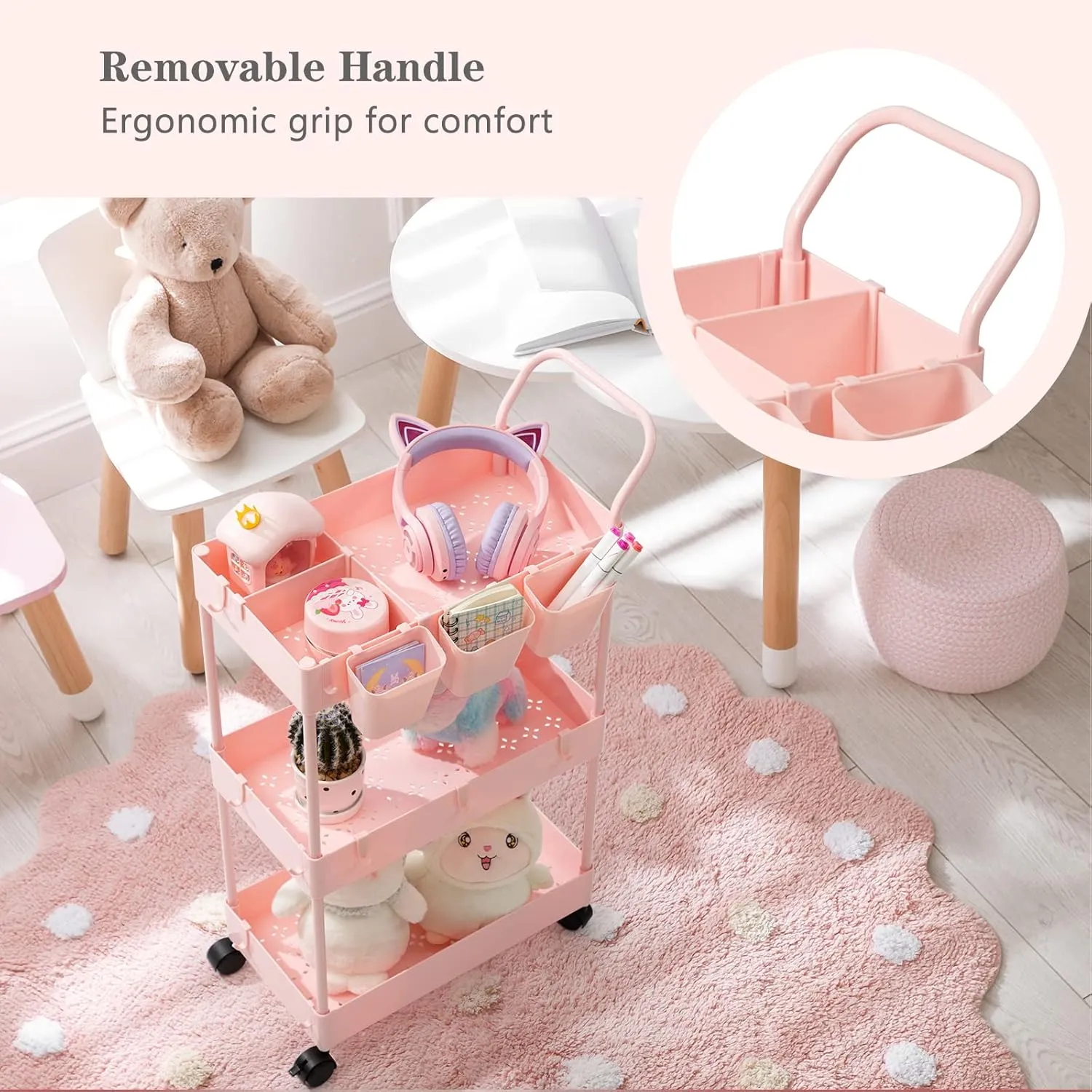 danpinera Slim Storage Cart, 3 Tier Narrow Rolling Cart on Wheels Bathroom Organizer with Dividers Handle Hanging Cups Hooks for Laundry Room Kitchen Small Spaces, Pink