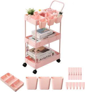 danpinera Slim Storage Cart, 3 Tier Narrow Rolling Cart on Wheels Bathroom Organizer with Dividers Handle Hanging Cups Hooks for Laundry Room Kitchen Small Spaces, Pink