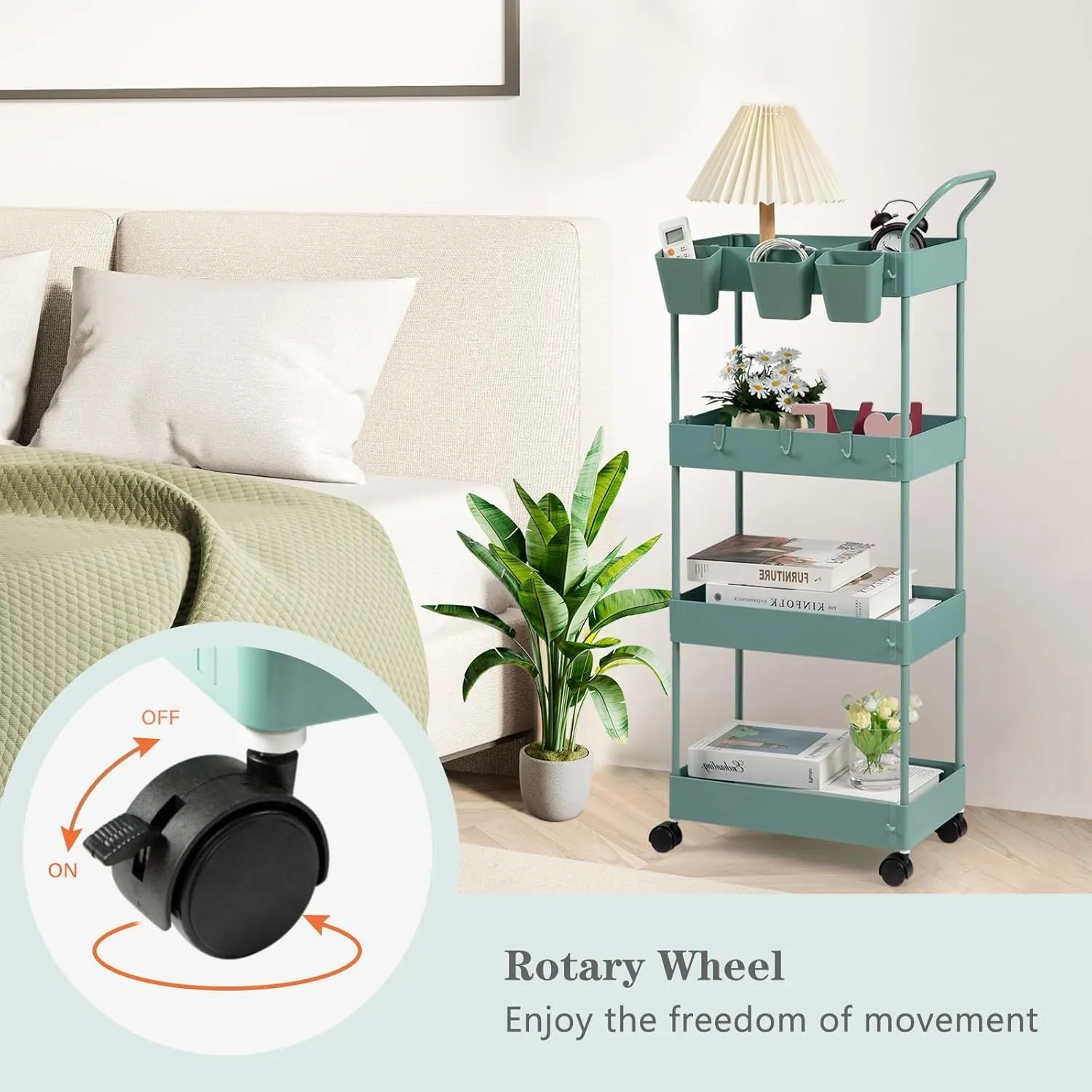 danpinera Slim Storage Cart on Wheels, 4 Tier Narrow Laundry Cart with Hooks Hanging Cups Dividers Mobile Rolling Lash Cart with Handle for Bathroom Small Spaces, Green