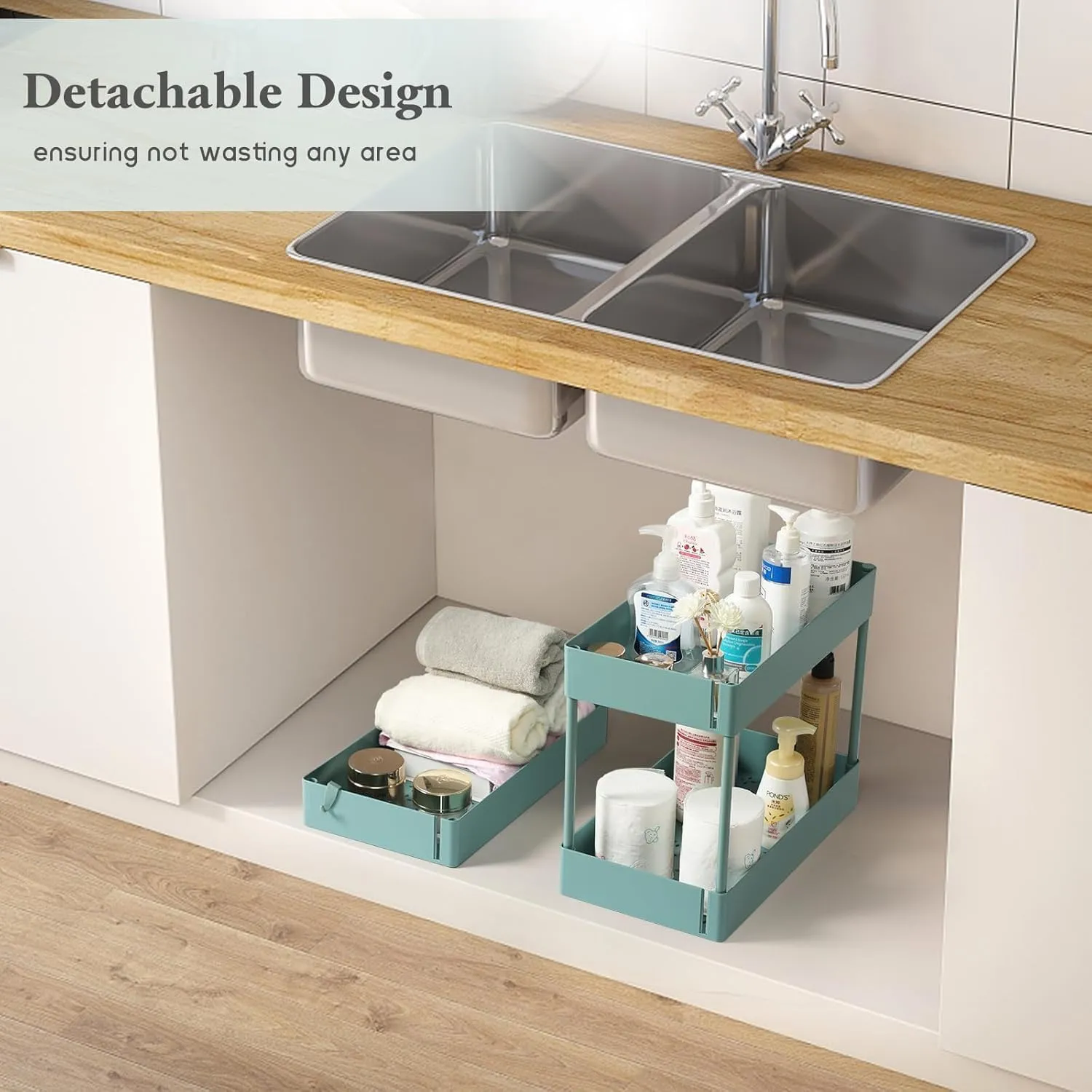danpinera Slim Storage Cart on Wheels, 4 Tier Narrow Laundry Cart with Hooks Hanging Cups Dividers Mobile Rolling Lash Cart with Handle for Bathroom Small Spaces, Green