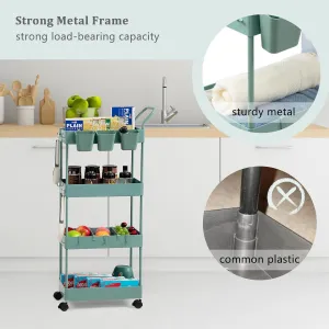 danpinera Slim Storage Cart on Wheels, 4 Tier Narrow Laundry Cart with Hooks Hanging Cups Dividers Mobile Rolling Lash Cart with Handle for Bathroom Small Spaces, Green