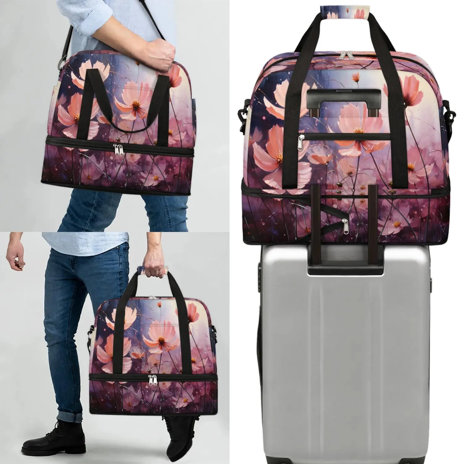 Delicate Flora Beauty Patterns Travel Duffle Bag, Collapsible Travel Bag Sports Gym Bag With Shoes Compartment Weekender Bag Overnight Bag For Women Men