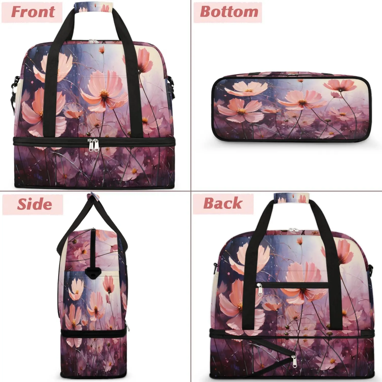 Delicate Flora Beauty Patterns Travel Duffle Bag, Collapsible Travel Bag Sports Gym Bag With Shoes Compartment Weekender Bag Overnight Bag For Women Men