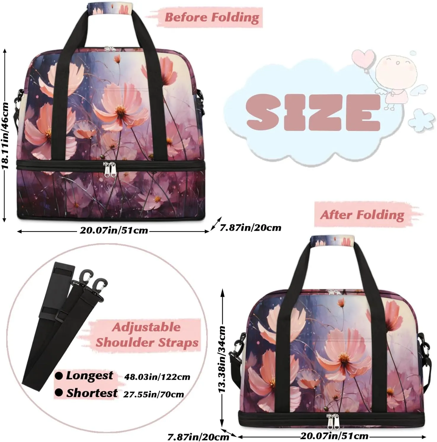 Delicate Flora Beauty Patterns Travel Duffle Bag, Collapsible Travel Bag Sports Gym Bag With Shoes Compartment Weekender Bag Overnight Bag For Women Men