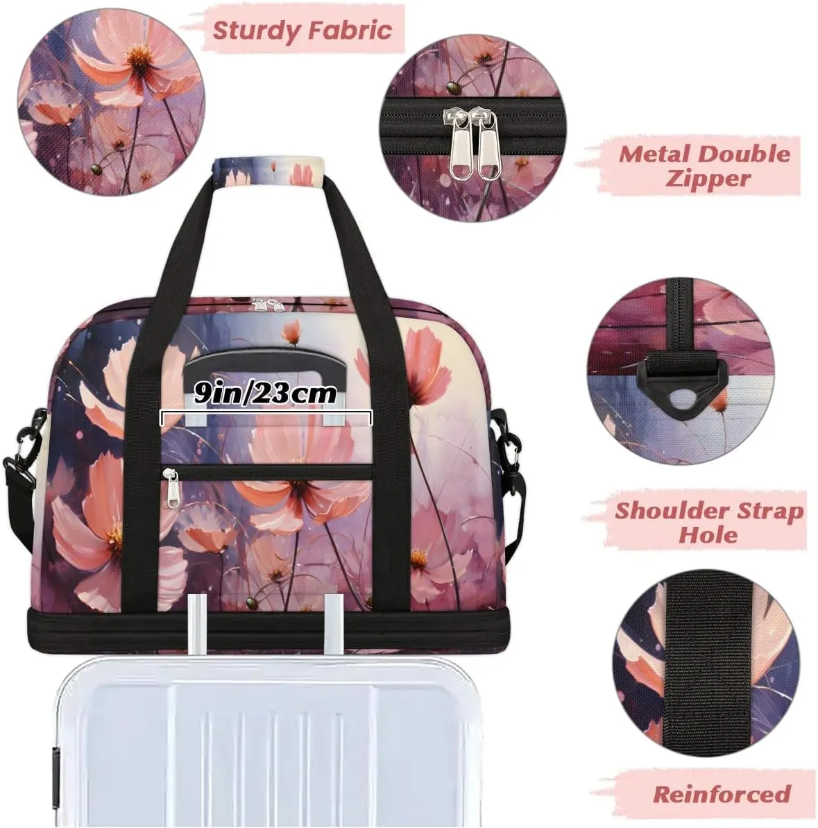 Delicate Flora Beauty Patterns Travel Duffle Bag, Collapsible Travel Bag Sports Gym Bag With Shoes Compartment Weekender Bag Overnight Bag For Women Men