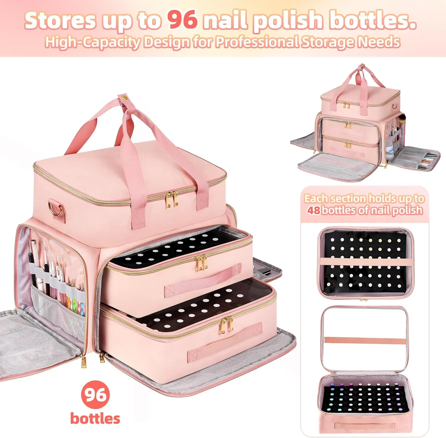 DERSTUEWE Nail Polish Organizer Case for 96 Bottles & Nail Lamp, Waterproof Double-Layer Storage Bag with Hard Bottom, Portable for Home & Travel