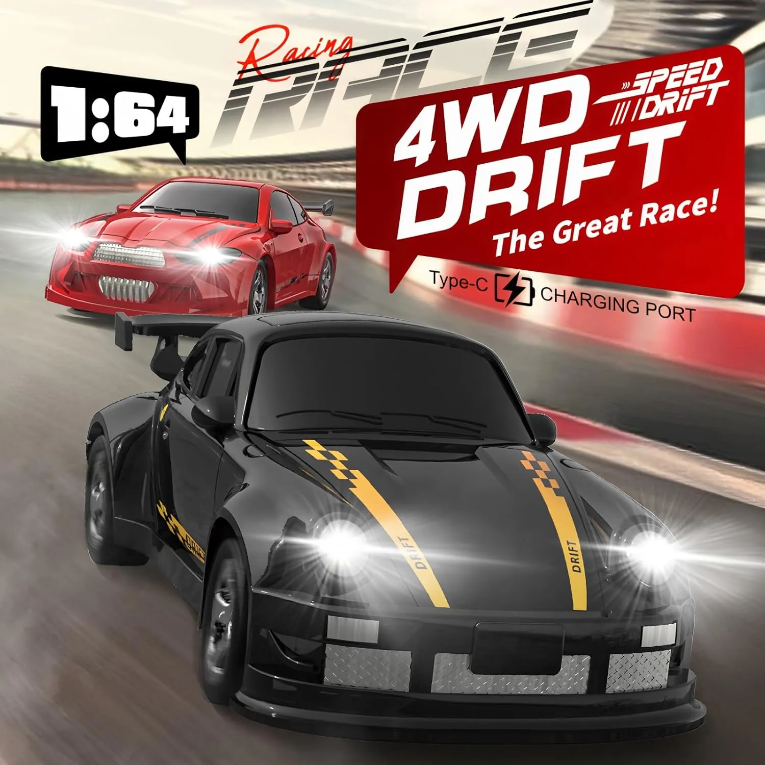 Desktop Mini Size 1:64 Scale 4WD RC Drift Car with Skill-Building Drift Control & LED Lights – Learn Drift Techniques, Fast Charge, Adjustable Throttle, 2.4GHz Remote – Black
