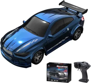 Desktop Mini Size 1:64 Scale 4WD RC Drift Car with Skill-Building Drift Control & LED Lights – Learn Drift Techniques, Fast Charge, Adjustable Throttle, 2.4GHz Remote – Blue