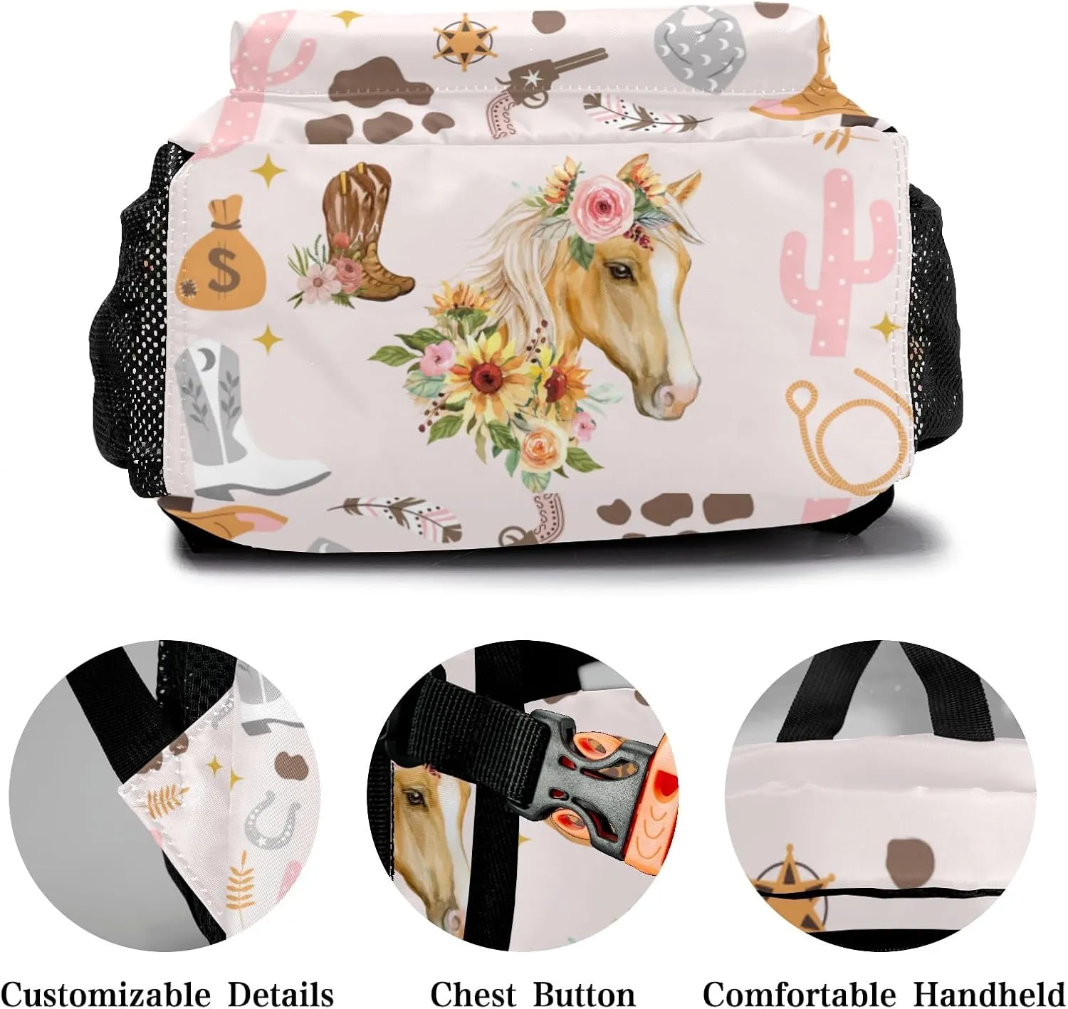 Deven Horse Cowgirl Boots Floral Personalized Kids for Boy/Girl Teen Primary School Daypack Travel Bag Bookbag