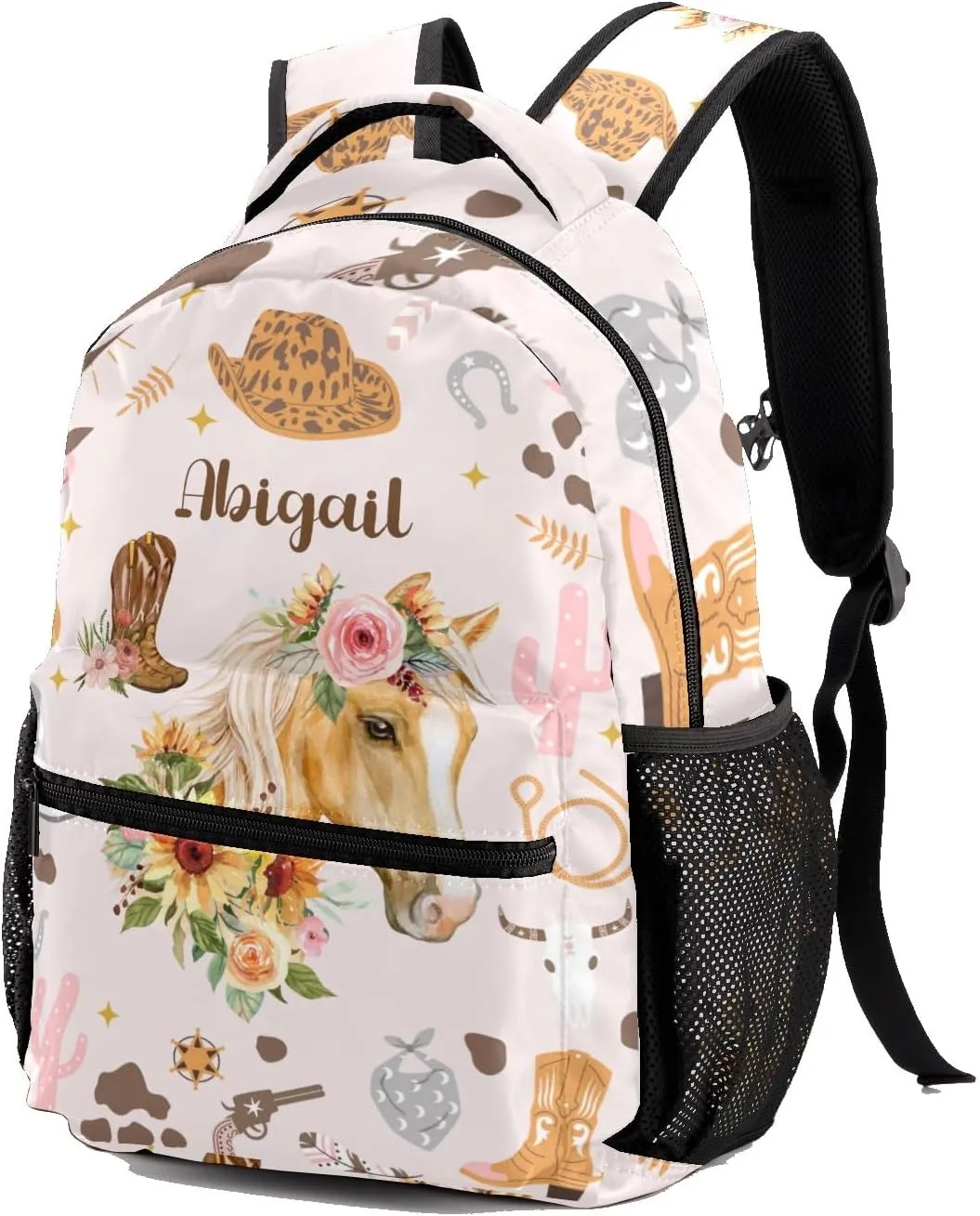 Deven Horse Cowgirl Boots Floral Personalized Kids for Boy/Girl Teen Primary School Daypack Travel Bag Bookbag