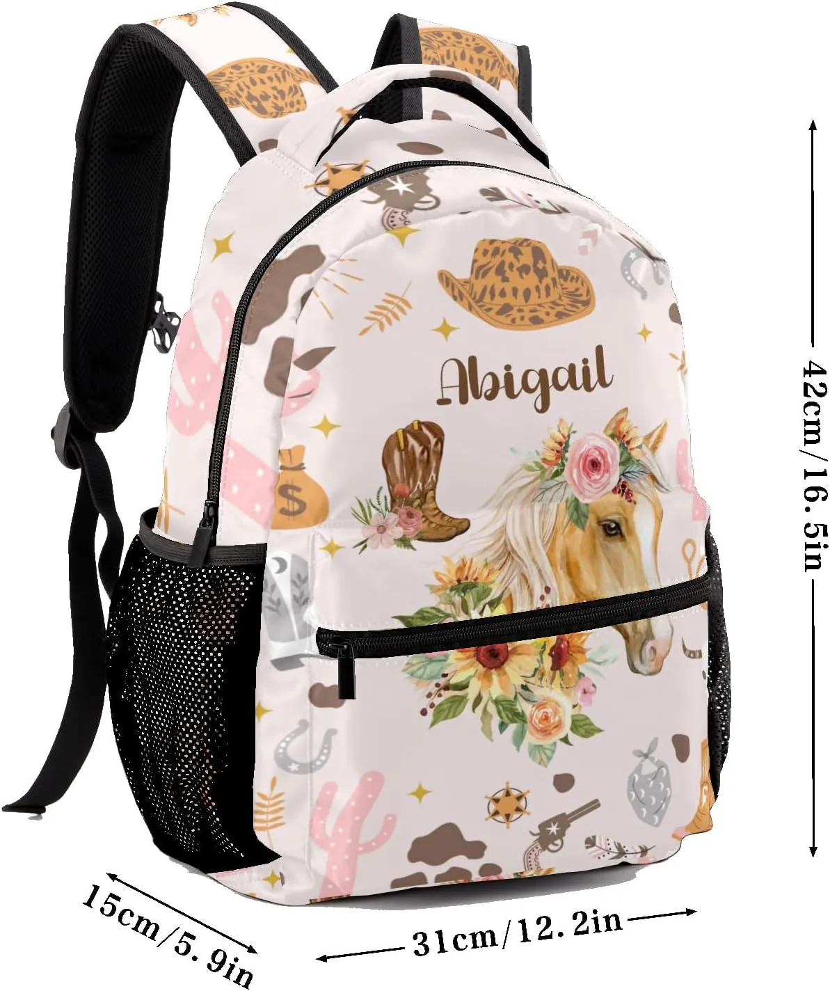 Deven Horse Cowgirl Boots Floral Personalized Kids for Boy/Girl Teen Primary School Daypack Travel Bag Bookbag