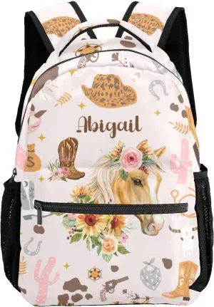 Deven Horse Cowgirl Boots Floral Personalized Kids for Boy/Girl Teen Primary School Daypack Travel Bag Bookbag