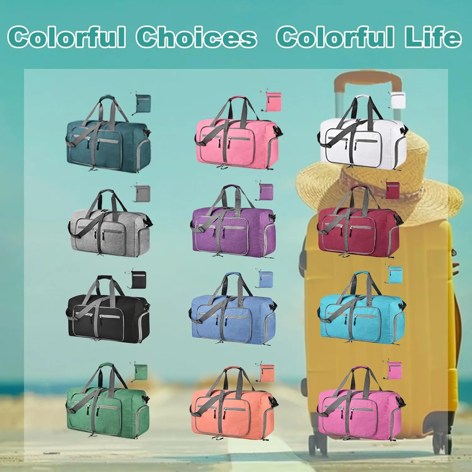 Dimayar 65L Travel Duffle Bag for Men Women - Foldable Duffel Bag with Shoes Compartment - Overnight Bags Waterproof & Tear Resistant(Mint Green)