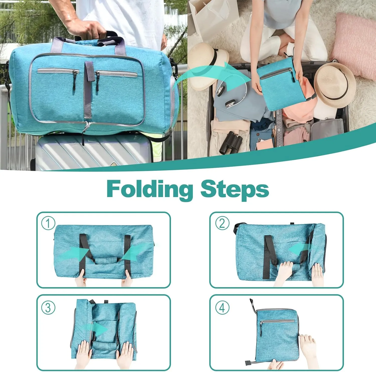 Dimayar 65L Travel Duffle Bag for Men Women - Foldable Duffel Bag with Shoes Compartment - Overnight Bags Waterproof & Tear Resistant(Mint Green)