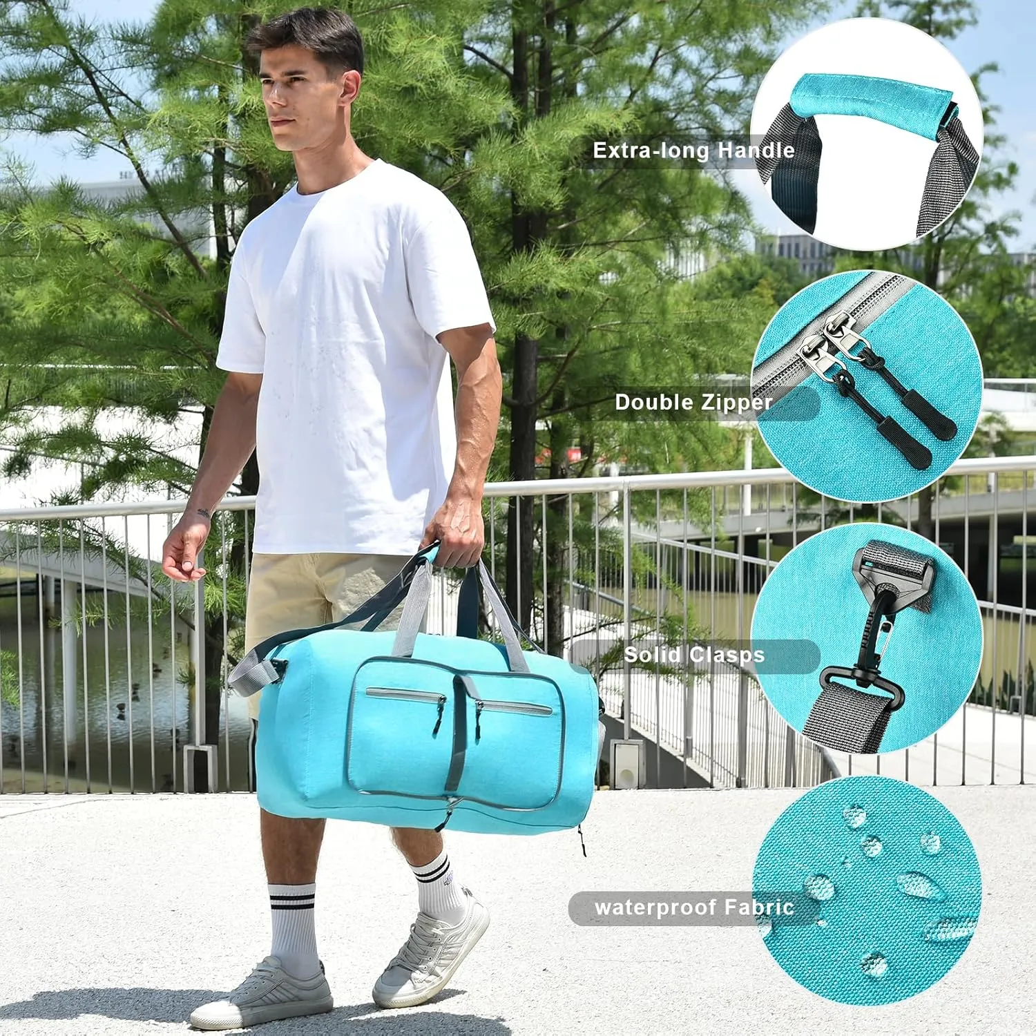 Dimayar 65L Travel Duffle Bag for Men Women - Foldable Duffel Bag with Shoes Compartment - Overnight Bags Waterproof & Tear Resistant(Mint Green)