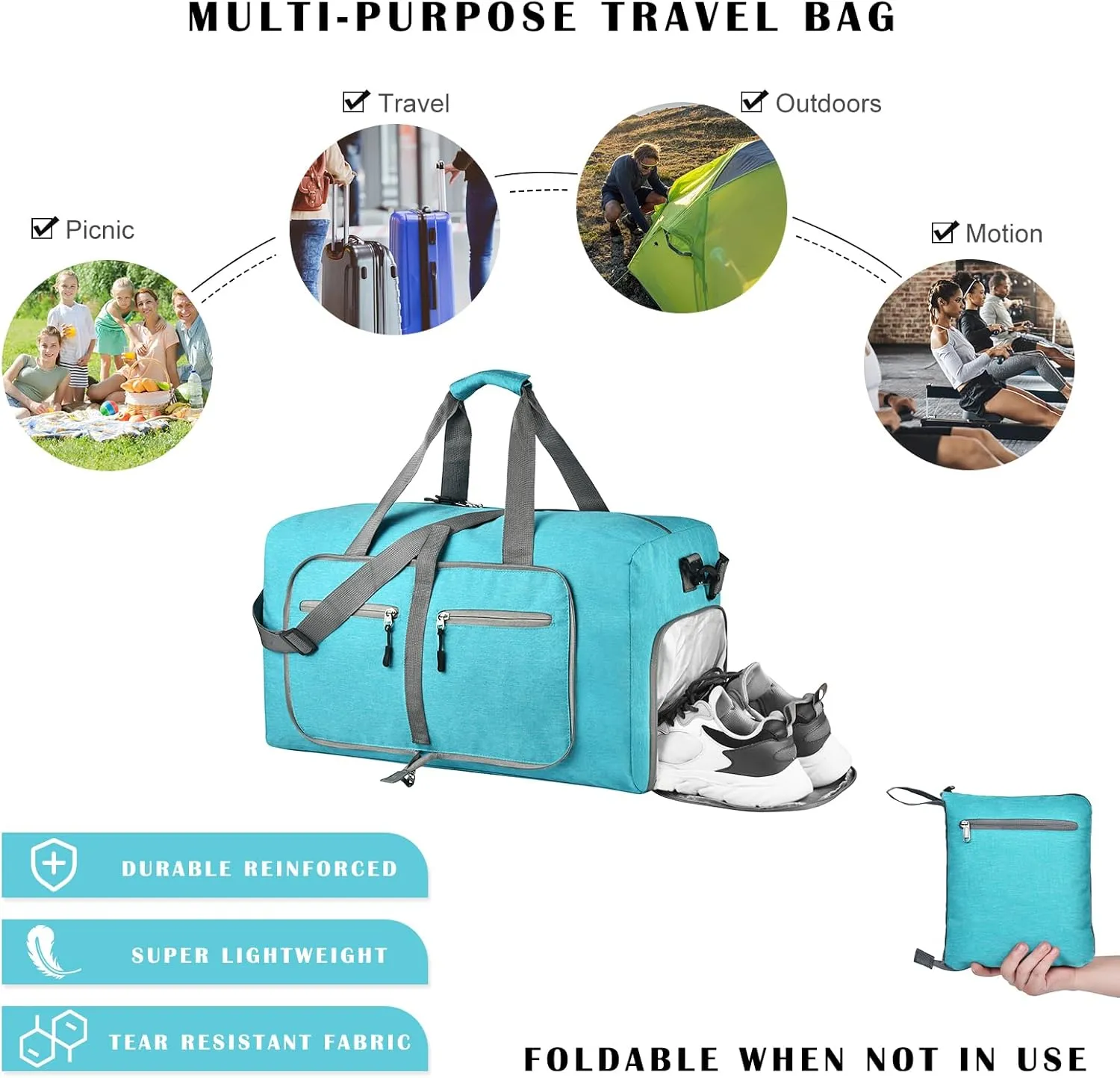 Dimayar 65L Travel Duffle Bag for Men Women - Foldable Duffel Bag with Shoes Compartment - Overnight Bags Waterproof & Tear Resistant(Mint Green)