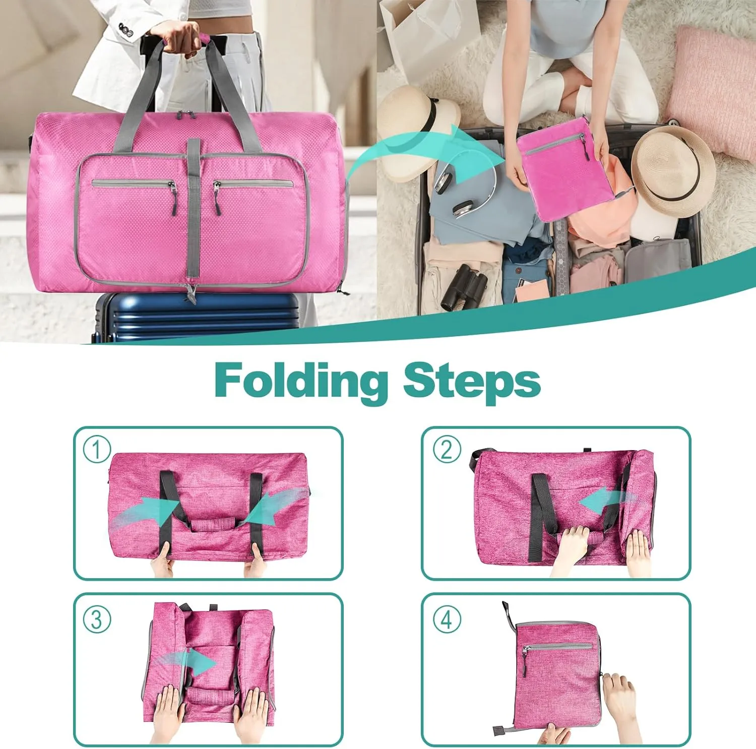 Dimayar Travel Duffle Bag for Men Women - Foldable Duffel Bag with Shoes Compartment - Overnight Bags Waterproof & Tear Resistant(40L,Pink)