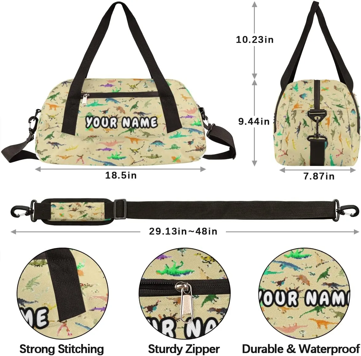 Dinosaur Personalized Kids Duffel Bag for Girls Boys, Dinosaur Debris Custom Dance Bag Overnight Small Duffel Bag Carry On Weekend Sports Travel Bag for School Practice Gymnastics Ballet